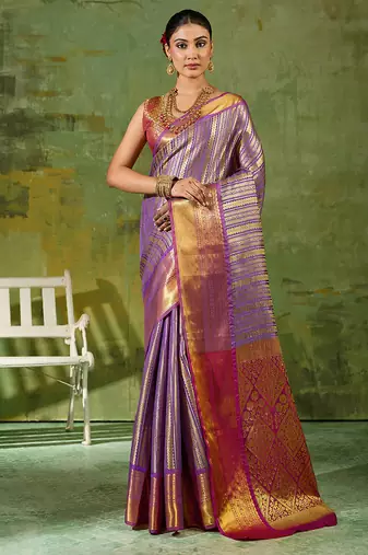 lavender color kanjivaram silk blend woven designer ethnic partywear saree