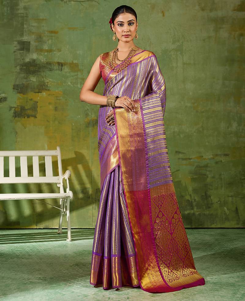 lavender color kanjivaram silk blend woven designer ethnic partywear saree