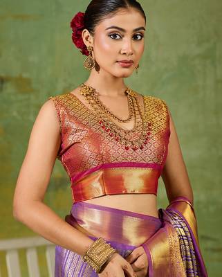 lavender color kanjivaram silk blend woven designer ethnic partywear saree 3