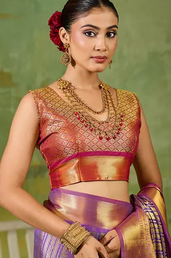 lavender color kanjivaram silk blend woven designer ethnic partywear saree