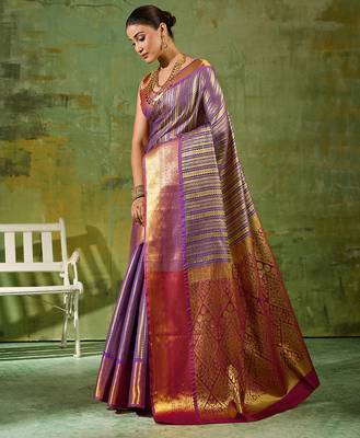 lavender color kanjivaram silk blend woven designer ethnic partywear saree 4