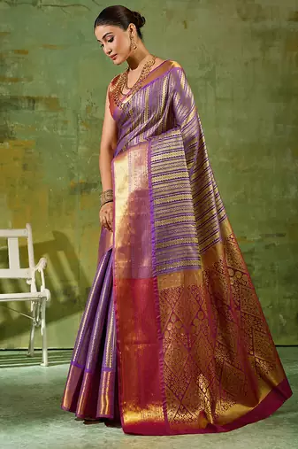 lavender color kanjivaram silk blend woven designer ethnic partywear saree