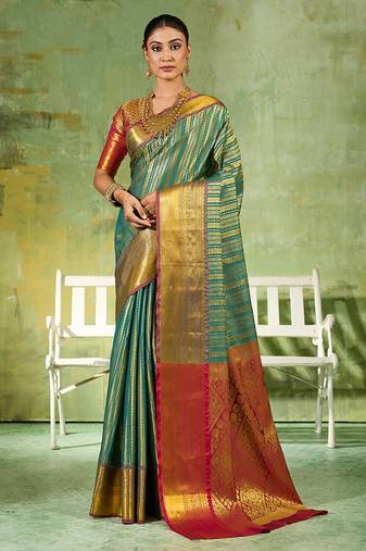 rama green color kanjivaram silk blend woven designer ethnic partywear saree