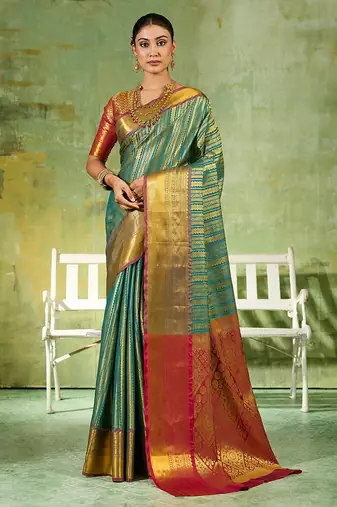 rama green color kanjivaram silk blend woven designer ethnic partywear saree