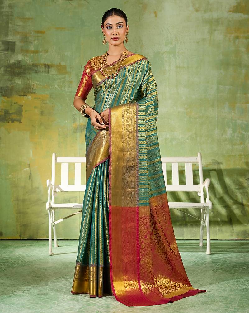 rama green color kanjivaram silk blend woven designer ethnic partywear saree