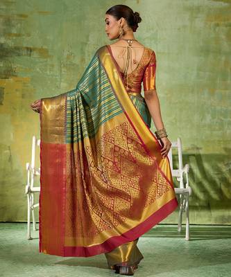 rama green color kanjivaram silk blend woven designer ethnic partywear saree 2