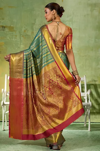 rama green color kanjivaram silk blend woven designer ethnic partywear saree