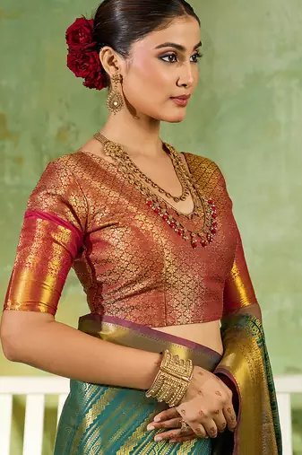 rama green color kanjivaram silk blend woven designer ethnic partywear saree