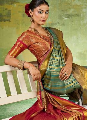 rama green color kanjivaram silk blend woven designer ethnic partywear saree 4