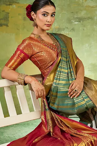 rama green color kanjivaram silk blend woven designer ethnic partywear saree