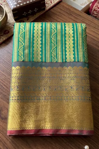 rama green color kanjivaram silk blend woven designer ethnic partywear saree