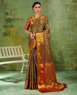 brown color kanjivaram silk blend woven designer ethnic partywear saree 1