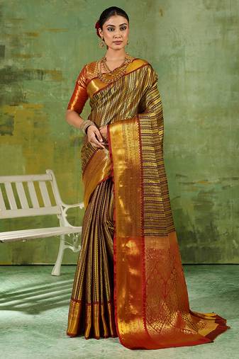 brown color kanjivaram silk blend woven designer ethnic partywear saree