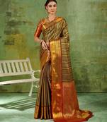 brown color kanjivaram silk blend woven designer ethnic partywear saree