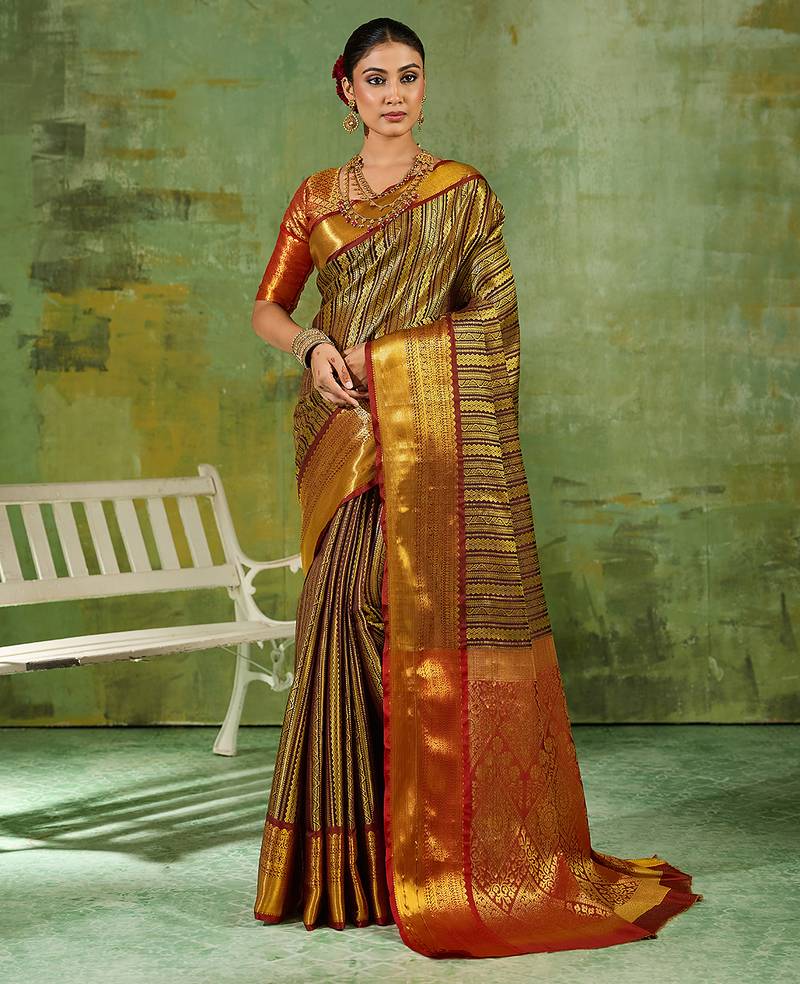 brown color kanjivaram silk blend woven designer ethnic partywear saree