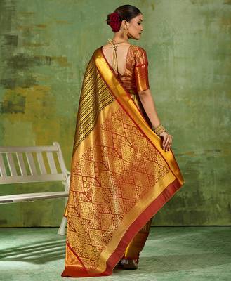 brown color kanjivaram silk blend woven designer ethnic partywear saree 2