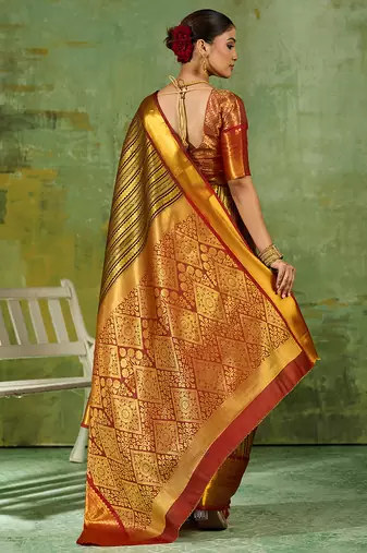 brown color kanjivaram silk blend woven designer ethnic partywear saree