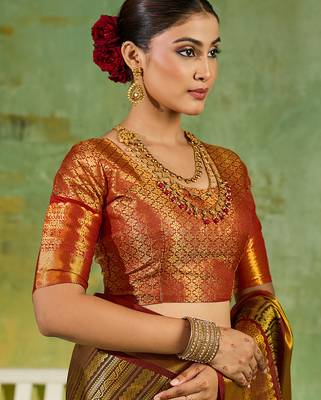 brown color kanjivaram silk blend woven designer ethnic partywear saree 3