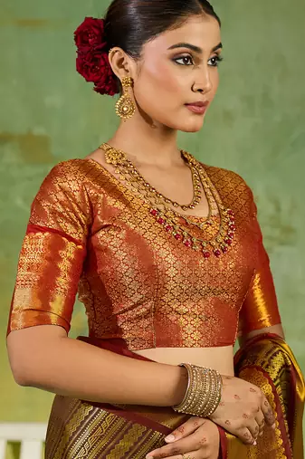 brown color kanjivaram silk blend woven designer ethnic partywear saree