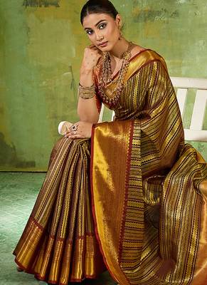 brown color kanjivaram silk blend woven designer ethnic partywear saree 4
