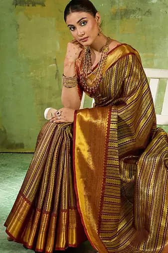 brown color kanjivaram silk blend woven designer ethnic partywear saree