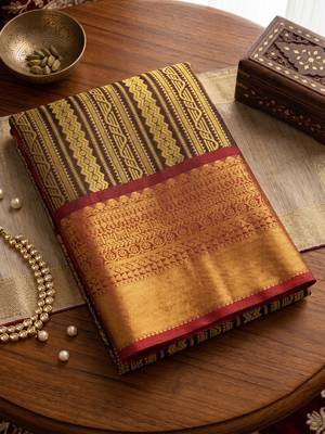 brown color kanjivaram silk blend woven designer ethnic partywear saree 5