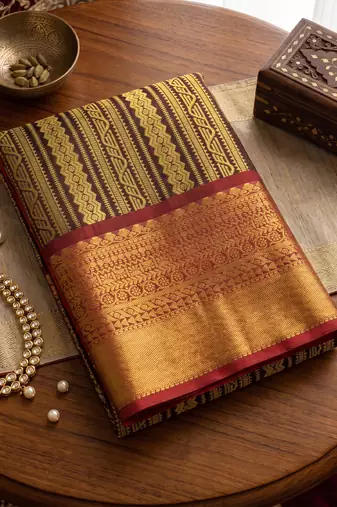 brown color kanjivaram silk blend woven designer ethnic partywear saree