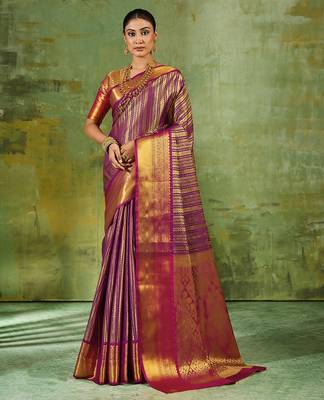 purple color kanjivaram silk blend woven designer ethnic partywear saree 1