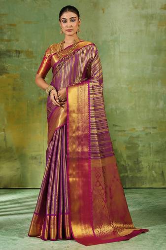 purple color kanjivaram silk blend woven designer ethnic partywear saree