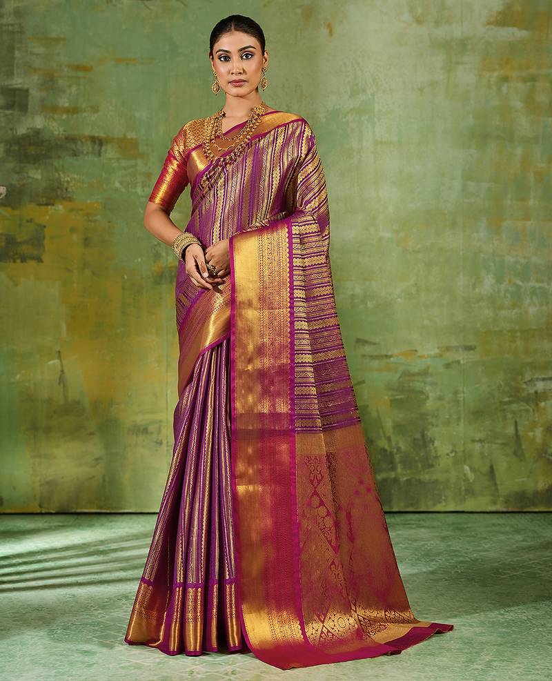 purple color kanjivaram silk blend woven designer ethnic partywear saree