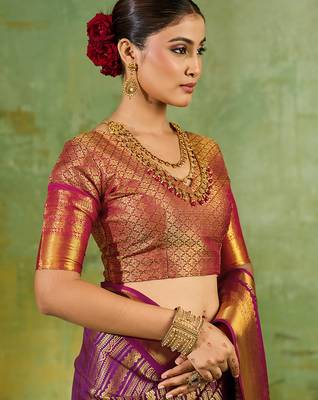 purple color kanjivaram silk blend woven designer ethnic partywear saree 3