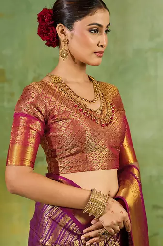 purple color kanjivaram silk blend woven designer ethnic partywear saree