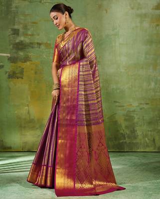 purple color kanjivaram silk blend woven designer ethnic partywear saree 4