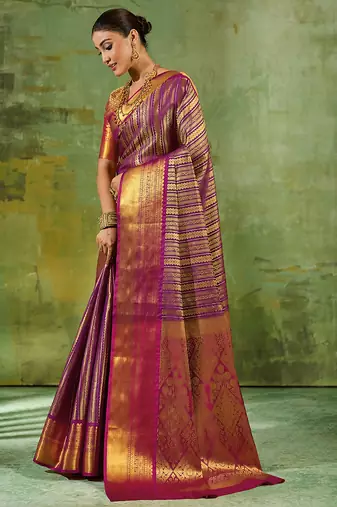 purple color kanjivaram silk blend woven designer ethnic partywear saree