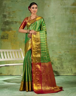 green color kanjivaram silk blend woven designer ethnic partywear saree 1