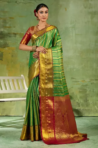 green color kanjivaram silk blend woven designer ethnic partywear saree