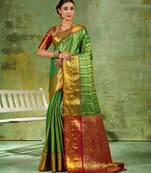 green color kanjivaram silk blend woven designer ethnic partywear saree
