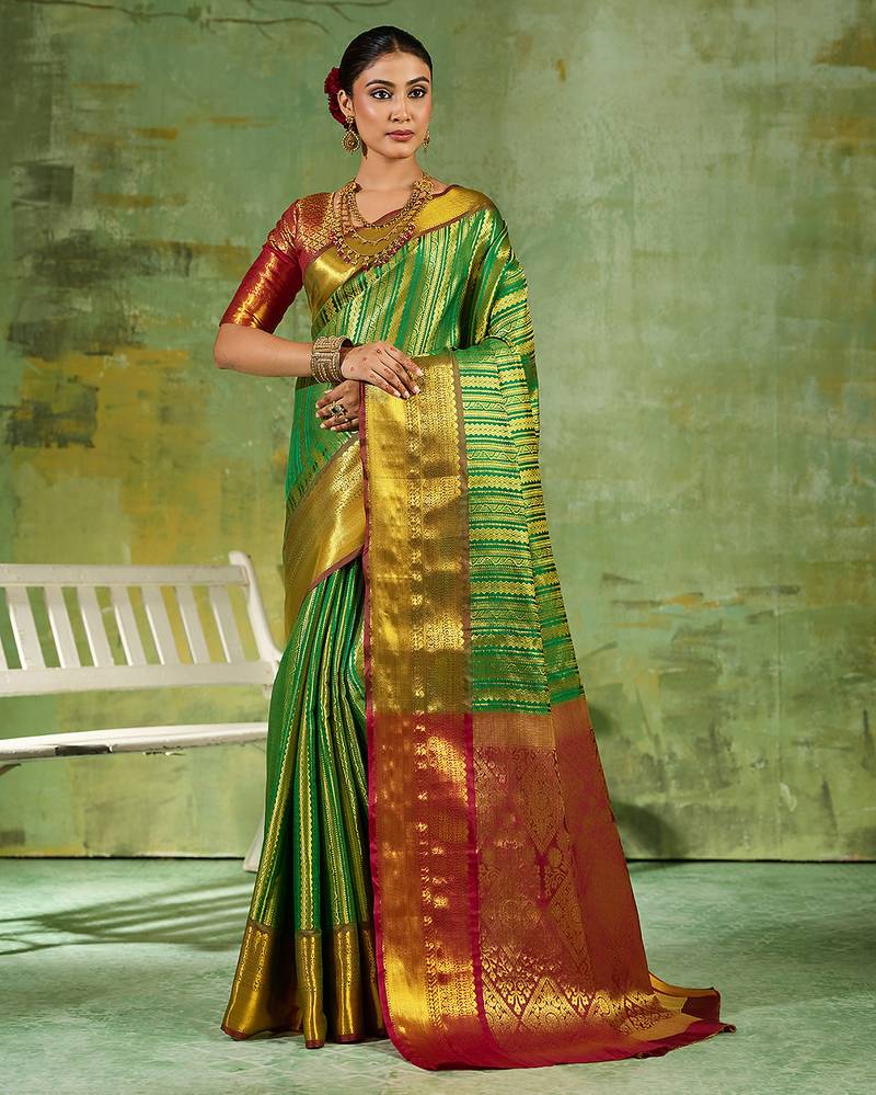 green color kanjivaram silk blend woven designer ethnic partywear saree