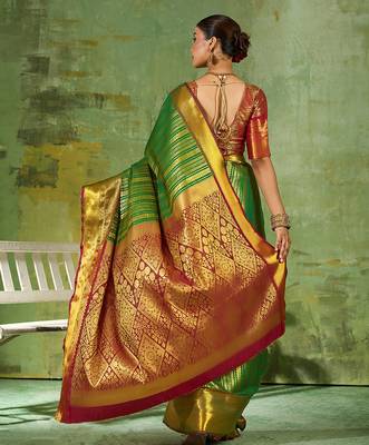 green color kanjivaram silk blend woven designer ethnic partywear saree 2