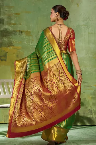 green color kanjivaram silk blend woven designer ethnic partywear saree
