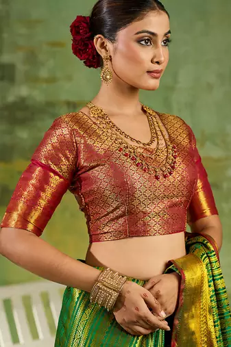 green color kanjivaram silk blend woven designer ethnic partywear saree