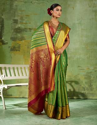 green color kanjivaram silk blend woven designer ethnic partywear saree 4