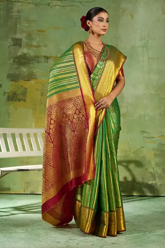 green color kanjivaram silk blend woven designer ethnic partywear saree