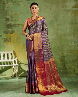 royal blue color kanjivaram silk blend woven designer ethnic partywear saree 1