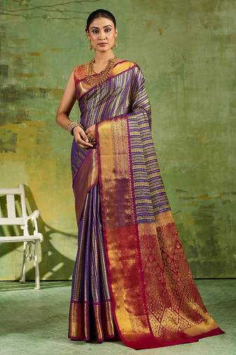 royal blue color kanjivaram silk blend woven designer ethnic partywear saree