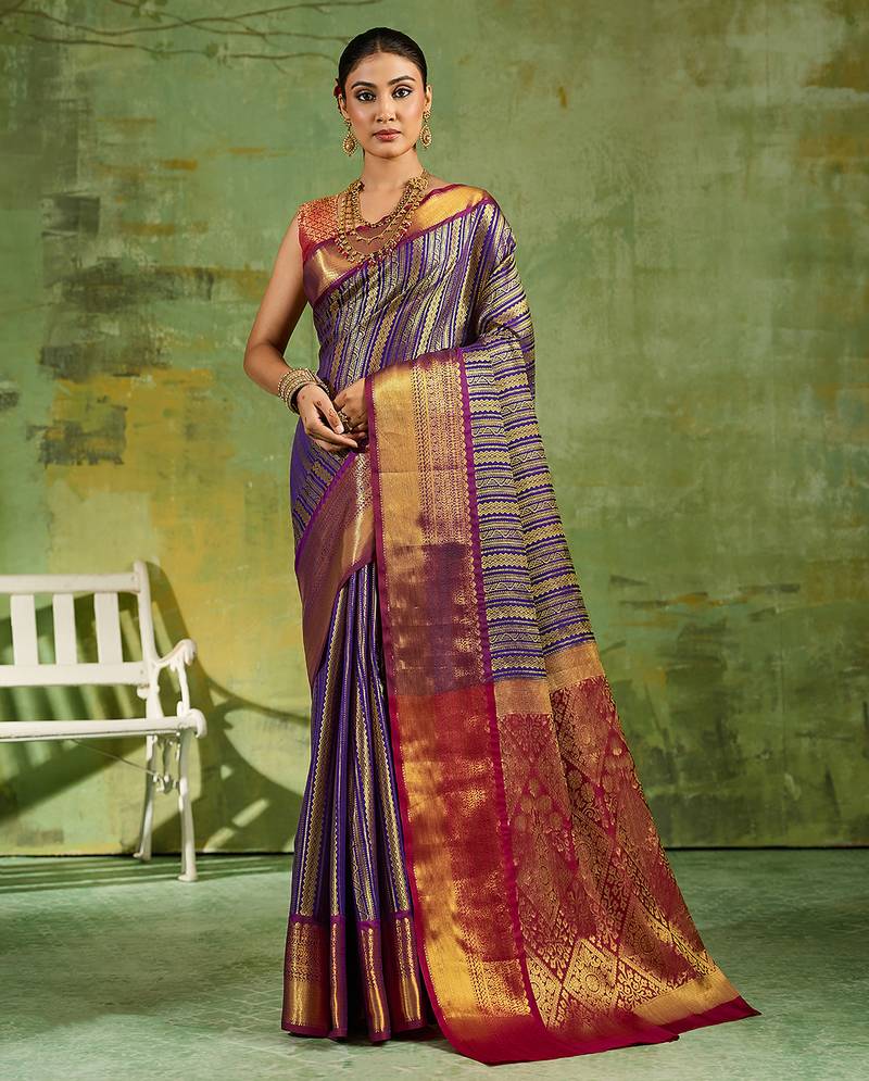 royal blue color kanjivaram silk blend woven designer ethnic partywear saree