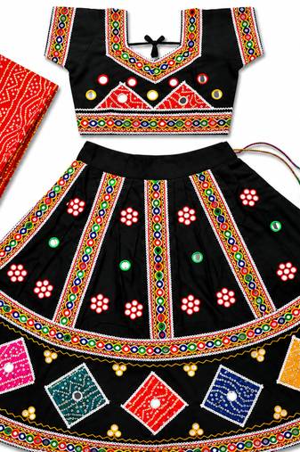 Black kutch work embroidered cotton mirrorwork chaniya choli set with dupatta