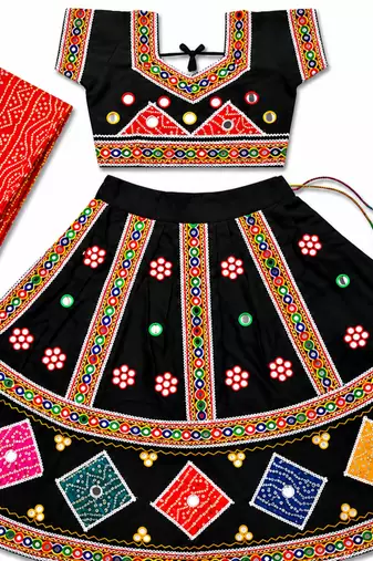 Black kutch work embroidered cotton mirrorwork chaniya choli set with dupatta