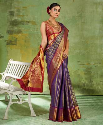 royal blue color kanjivaram silk blend woven designer ethnic partywear saree 4
