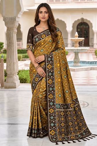 brown color smart and rich woven meenakari jacquard designer patola silk blend saree